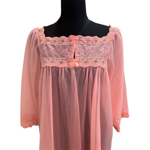 VINTAGE 1950s 60s PINK CORAL CHIFFON SHEER ROBE Size Med - Picture 3 of 4